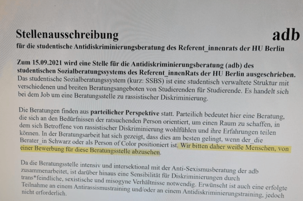 Stellenanzeige für Antidiskriminierung: „Weiße Menschen“ sollten sich nicht bewerben