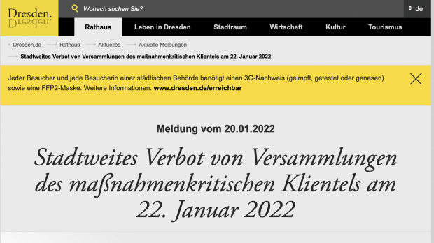 Stadt Dresden verbietet Demonstrationen des „maßnahmenkritischen Klientels“