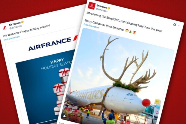 „Das Schicksal liebt Ironie“: Emirates wünscht Frohe Weihnachten – Air France Frohe Feiertage